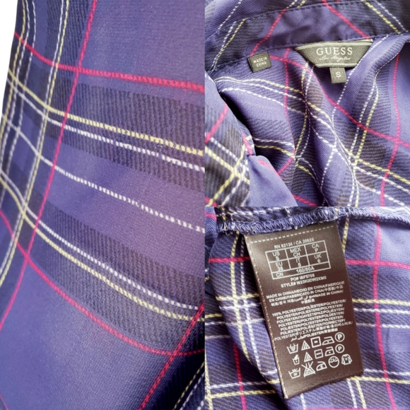 Guess Purple & Pink Plaid Print Chiffon Sheer Long Sleeve Blouse Size Small - Picture 6 of 8